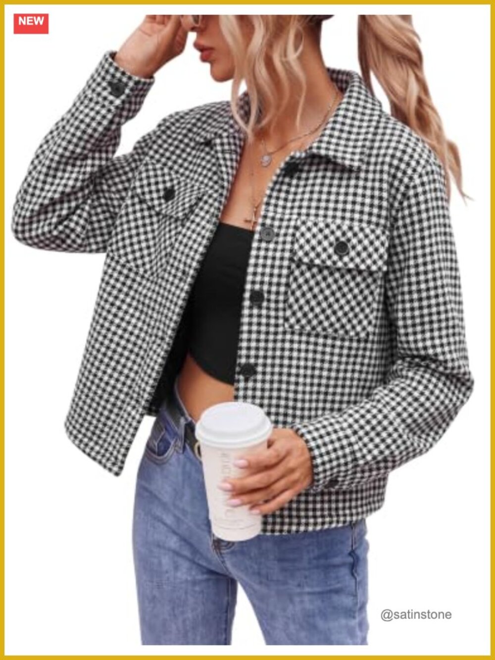 Womens Cropped Plaid Shacket Flannel Button Down Jacket Loose Fit